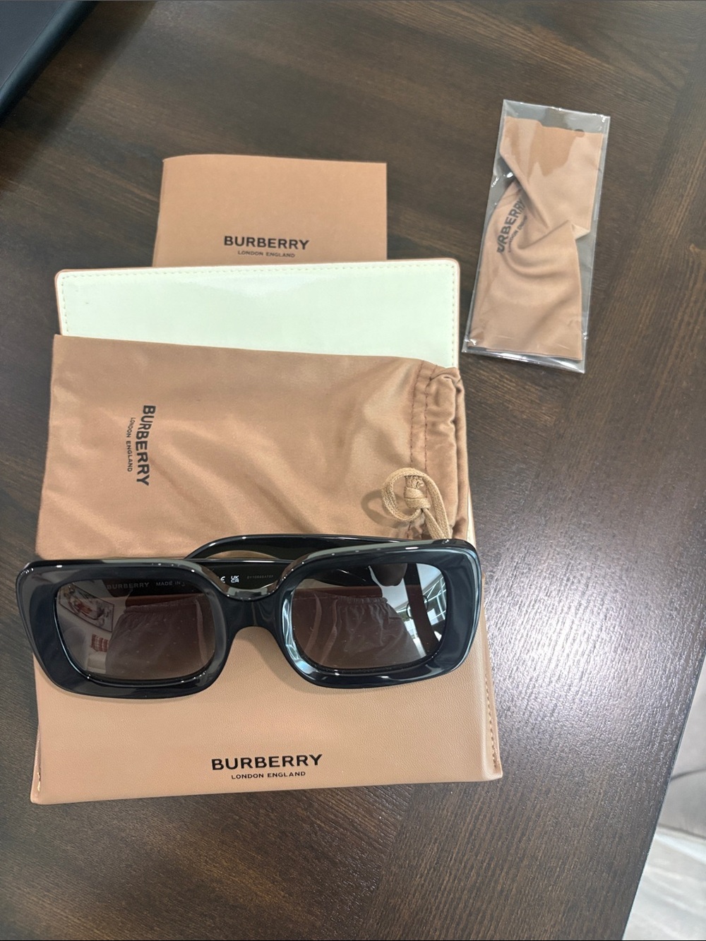 Burberry Black Rectangular Sunglasses with Tan Accessories